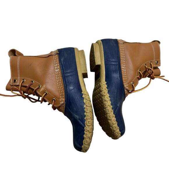 L.L. Bean Womens Duck Boots Tan Blue Leather Waterproof Snow Ankle Boots Size 7M - Picture 5 of 14